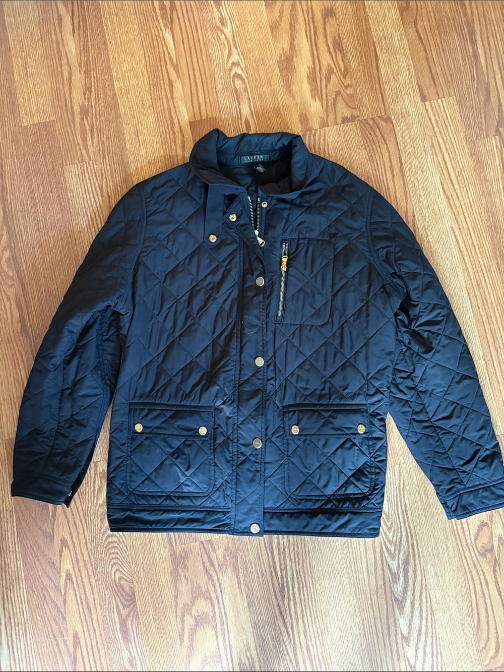 Lauren Ralph Lauren Womens 2X Black Quilted Equestrian Jacket Gold LRL